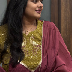 Mustard Yellow Embroidered Kurta Set with Wine Dupatta