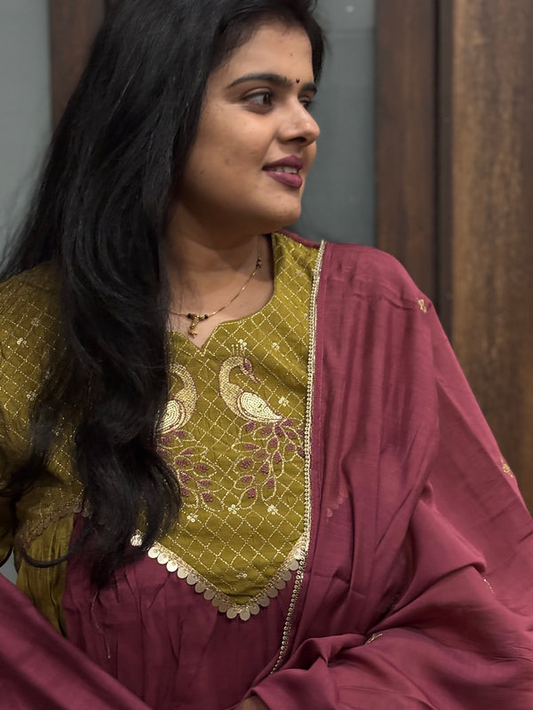 Mustard Yellow Embroidered Kurta Set with Wine Dupatta