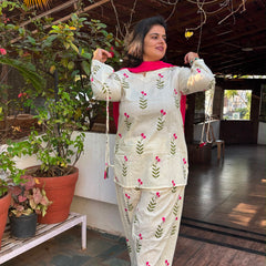 Ivory Floral Print Cotton Suit Set with Farshi Salwar & Tie up waist Detailing