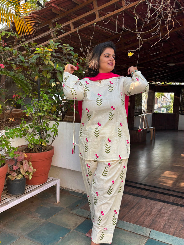Ivory Floral Print Cotton Suit Set with Farshi Salwar & Tie up waist Detailing