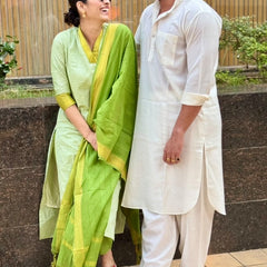 Sage Green Handwoven-Style Kurta Set with Green Dupatta