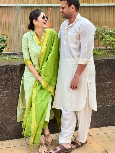 Sage Green Handwoven-Style Kurta Set with Green Dupatta