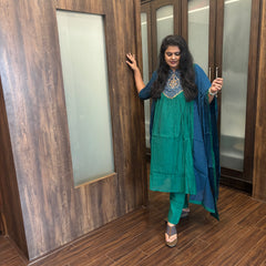 Emerald Green & Royal Blue Embroidered Kurta Pant Set with Dupatta