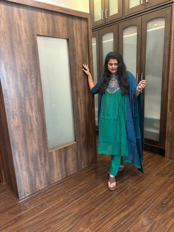 Emerald Green & Royal Blue Embroidered Kurta Pant Set with Dupatta