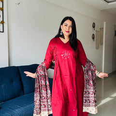 Gul-e-Noor Cotton Kurta Set | Wine with Printed Dupatta
