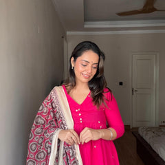 Gulabi Suit With Ajarakh Print Dupatta