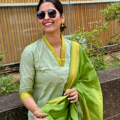 Sage Green Handwoven-Style Kurta Set with Green Dupatta