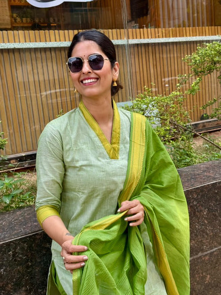 Sage Green Handwoven-Style Kurta Set with Green Dupatta