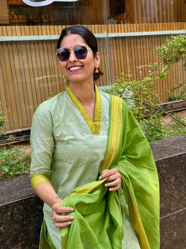 Sage Green Handwoven-Style Kurta Set with Green Dupatta