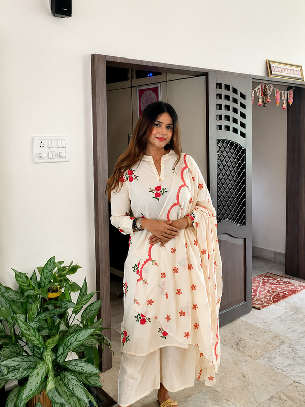 White Ivory Suit set with floral Prints