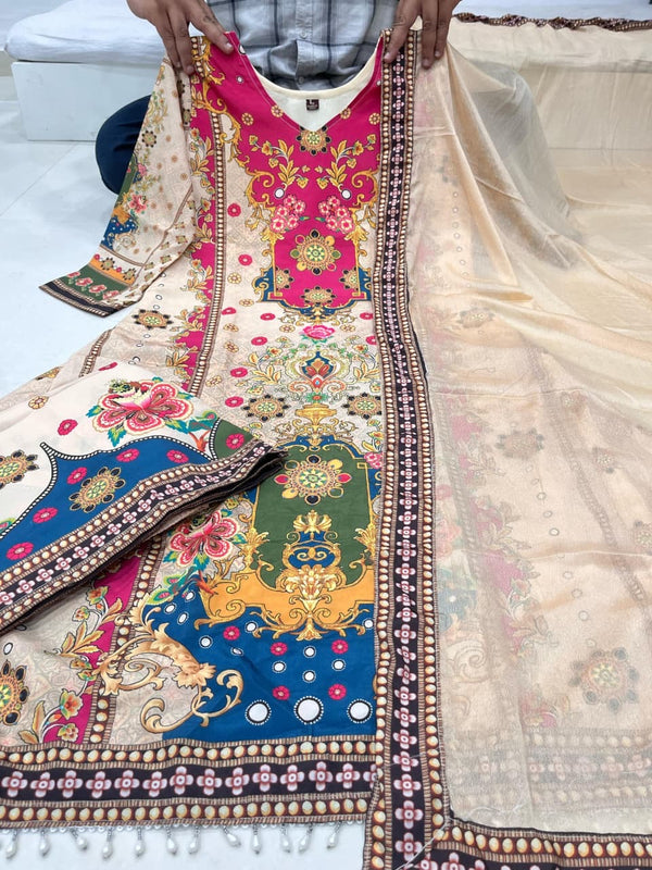 Festive Multicolour Printed Muslin Cotton Suit Set