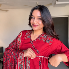 Maroon Angarkha Style Suit set with Printed Dupatta