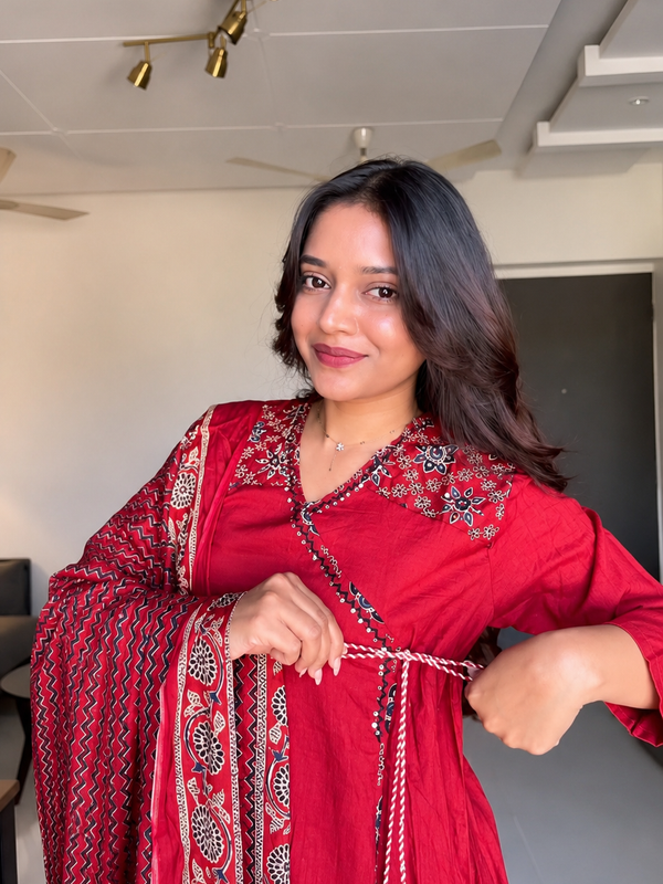 Maroon Angarkha Style Suit set with Printed Dupatta