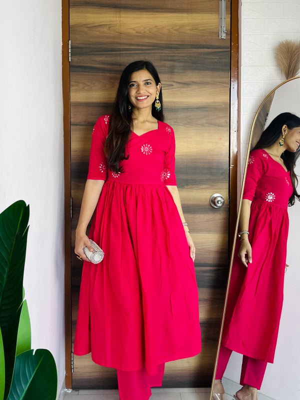 Fuchsia Pink Embroidered Anarkali Co-ord Set with back detailing