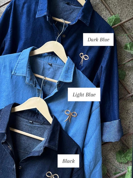 Bow Embroidered Denim Shirt | Free Size