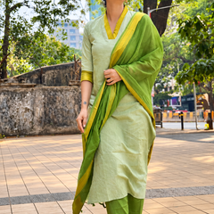 Sage Green Handwoven-Style Kurta Set with Green Dupatta
