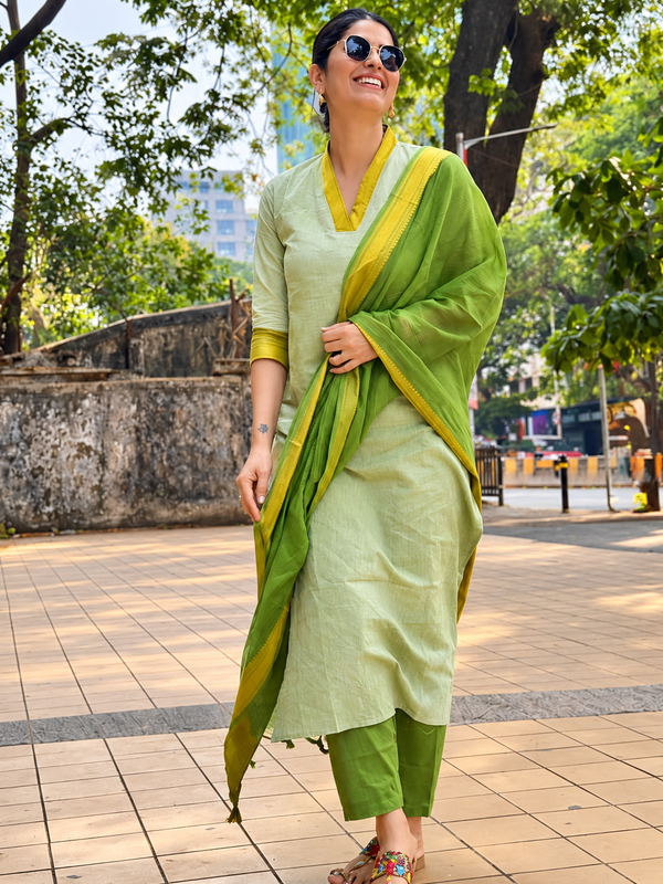 Sage Green Handwoven-Style Kurta Set with Green Dupatta