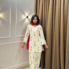 Ivory Floral Print Cotton Suit Set with Farshi Salwar & Tie up waist Detailing