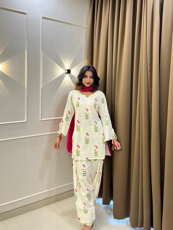 Ivory Floral Print Cotton Suit Set with Farshi Salwar & Tie up waist Detailing