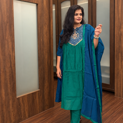 Emerald Green & Royal Blue Embroidered Kurta Pant Set with Dupatta