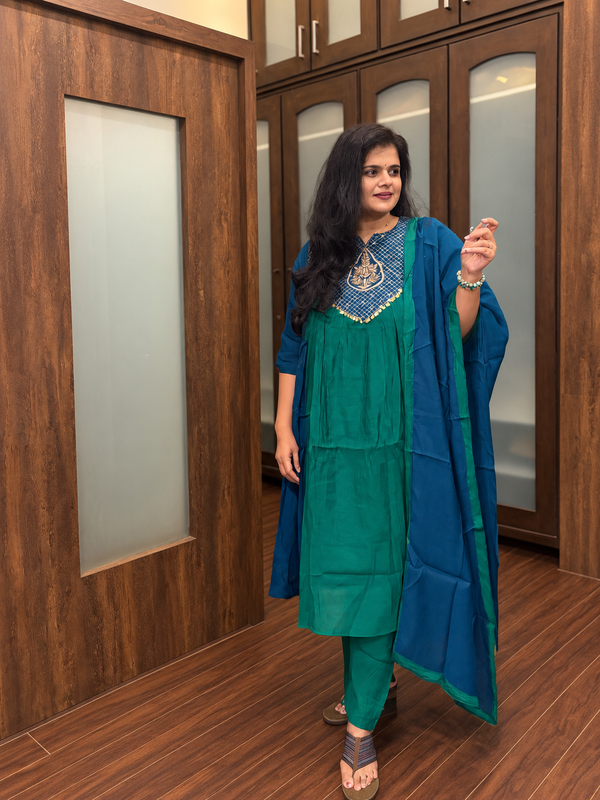 Emerald Green & Royal Blue Embroidered Kurta Pant Set with Dupatta