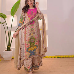 Festive Multicolour Printed Muslin Cotton Suit Set