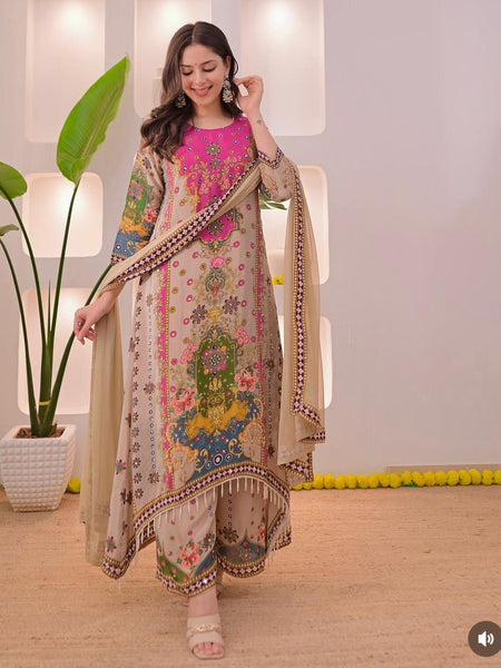 Festive Multicolour Printed Muslin Cotton Suit Set