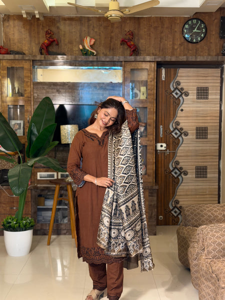 Brown Embroidered Kurta Set With Printed Dupatta