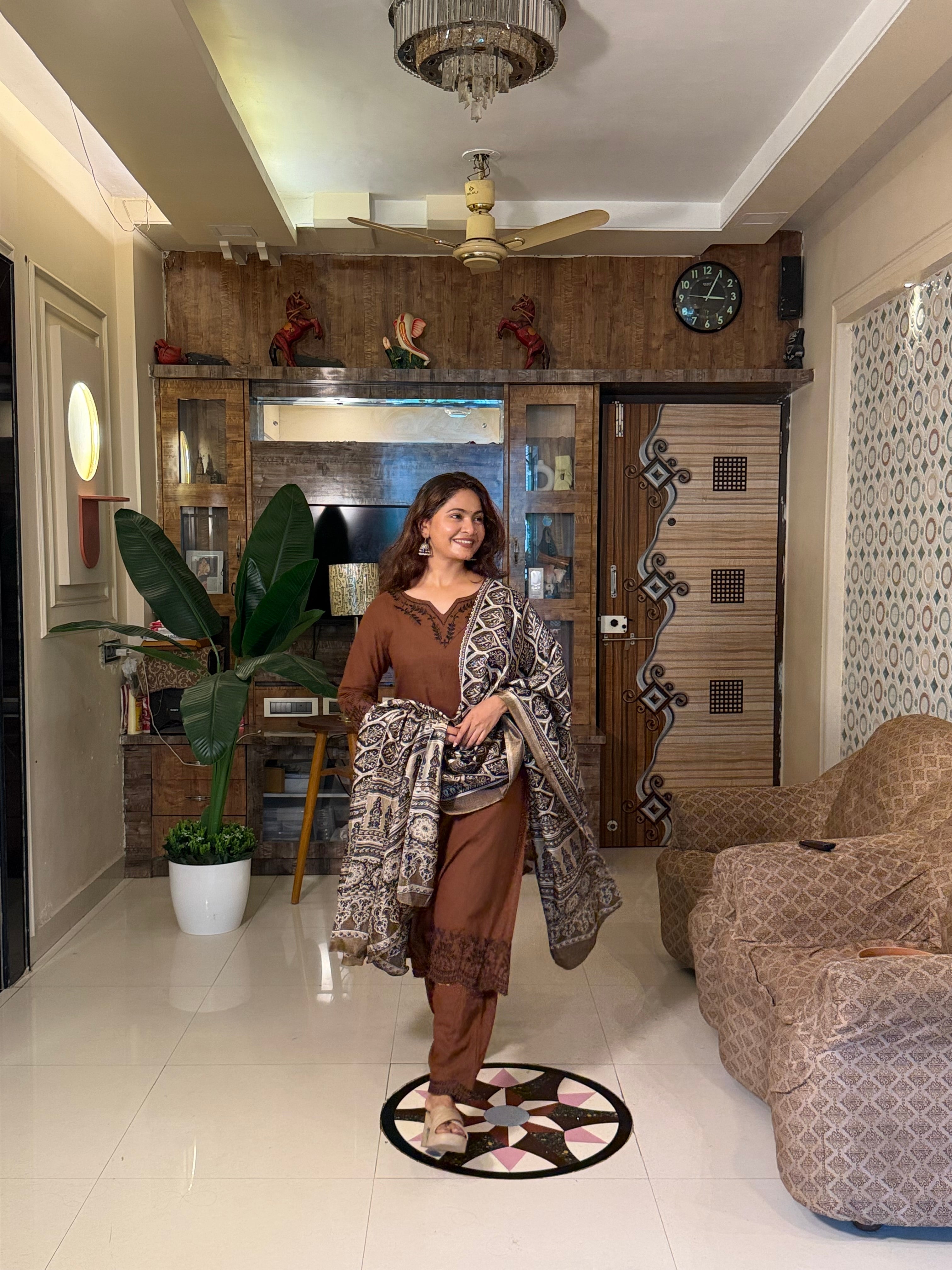 Brown Embroidered Kurta Set With Printed Dupatta
