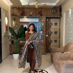 Brown Embroidered Kurta Set With Printed Dupatta