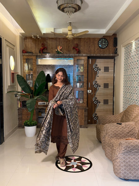 Brown Embroidered Kurta Set With Printed Dupatta