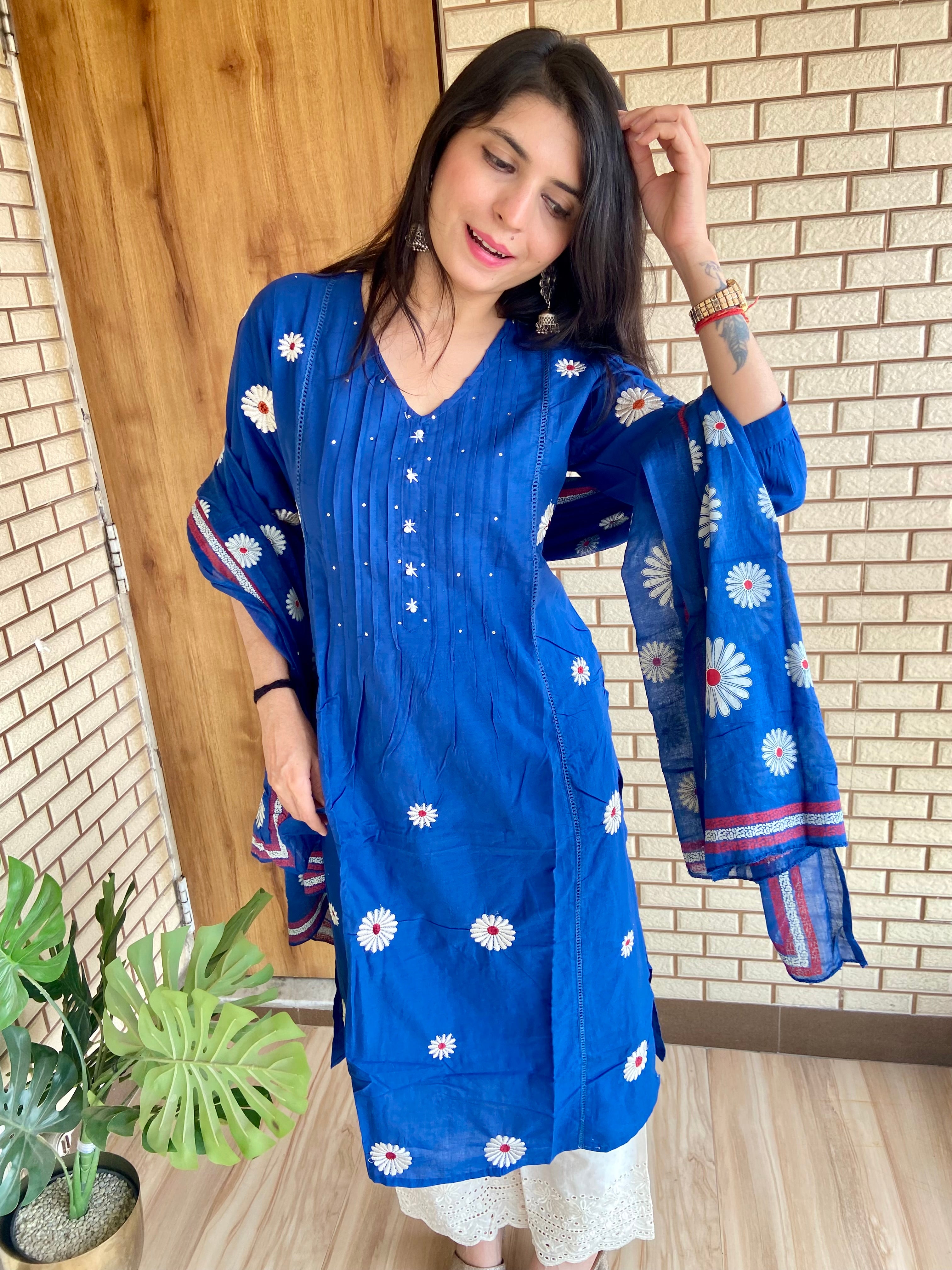 Daisy Embroidered Salwar Suit with Printed Dupatta