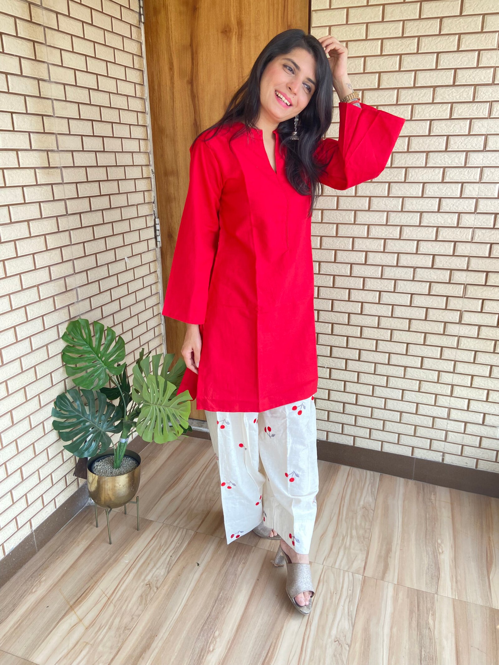 Cherry Red Blossom Kurta with Embroidered Farshi Salwar Cherry Red Blossom Kurta with Embroidered Farshi Salwar