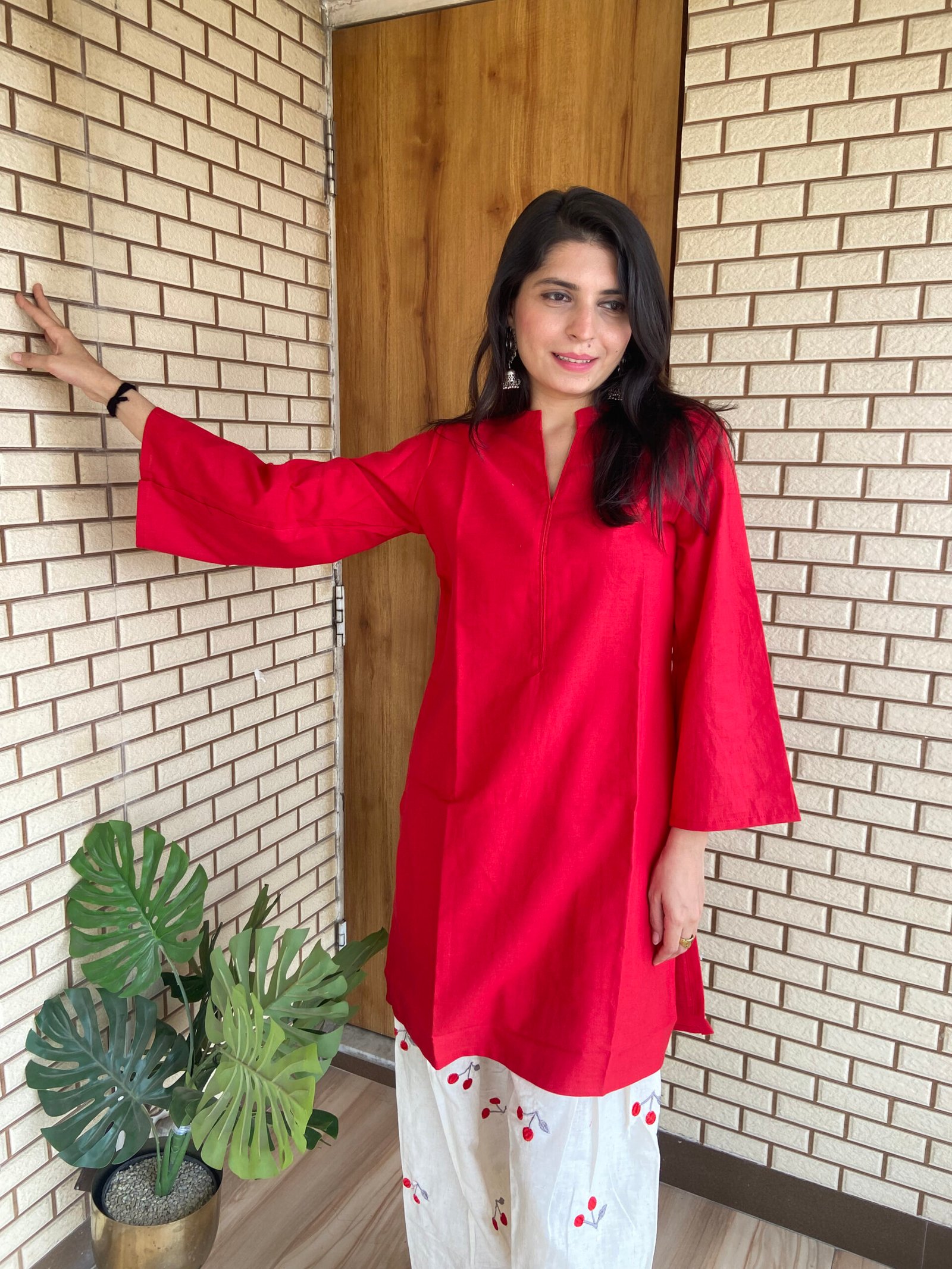 Cherry Red Blossom Kurta with Embroidered Farshi Salwar Cherry Red Blossom Kurta with Embroidered Farshi Salwar