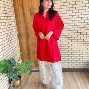 Cherry Red Blossom Kurta with Embroidered Farshi Salwar