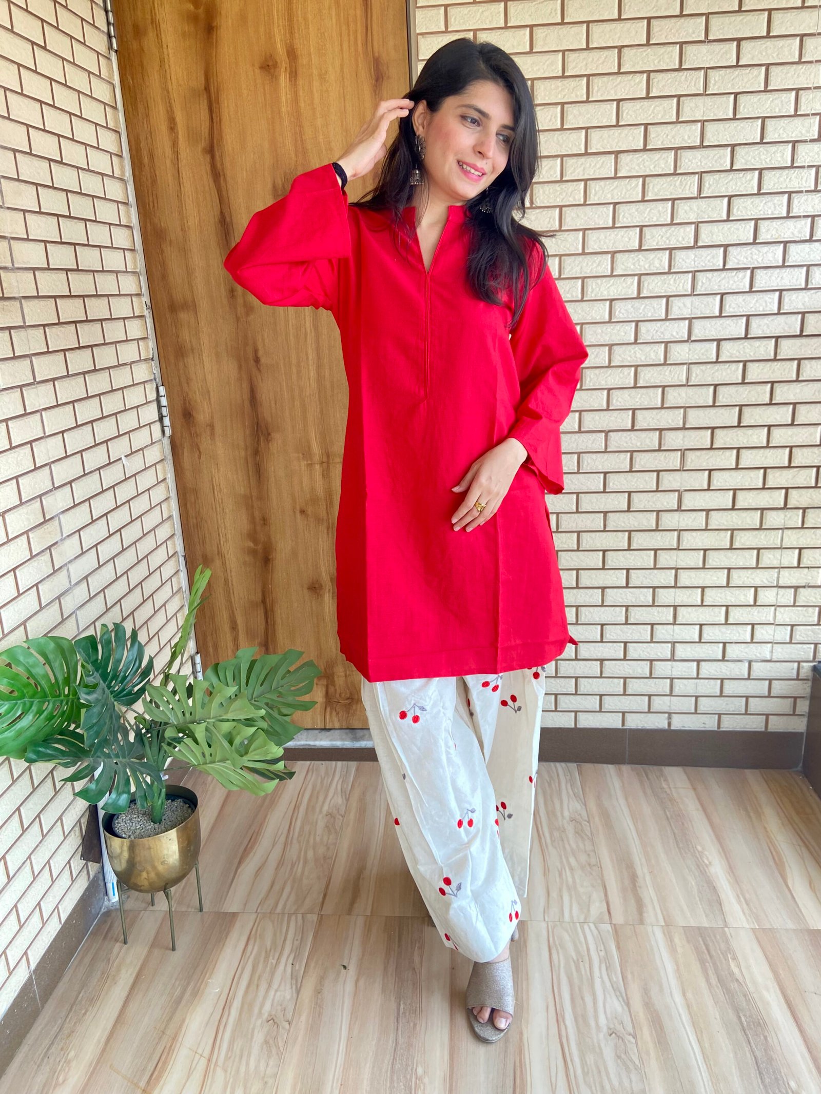 Cherry Red Blossom Kurta with Embroidered Farshi Salwar Cherry Red Blossom Kurta with Embroidered Farshi Salwar