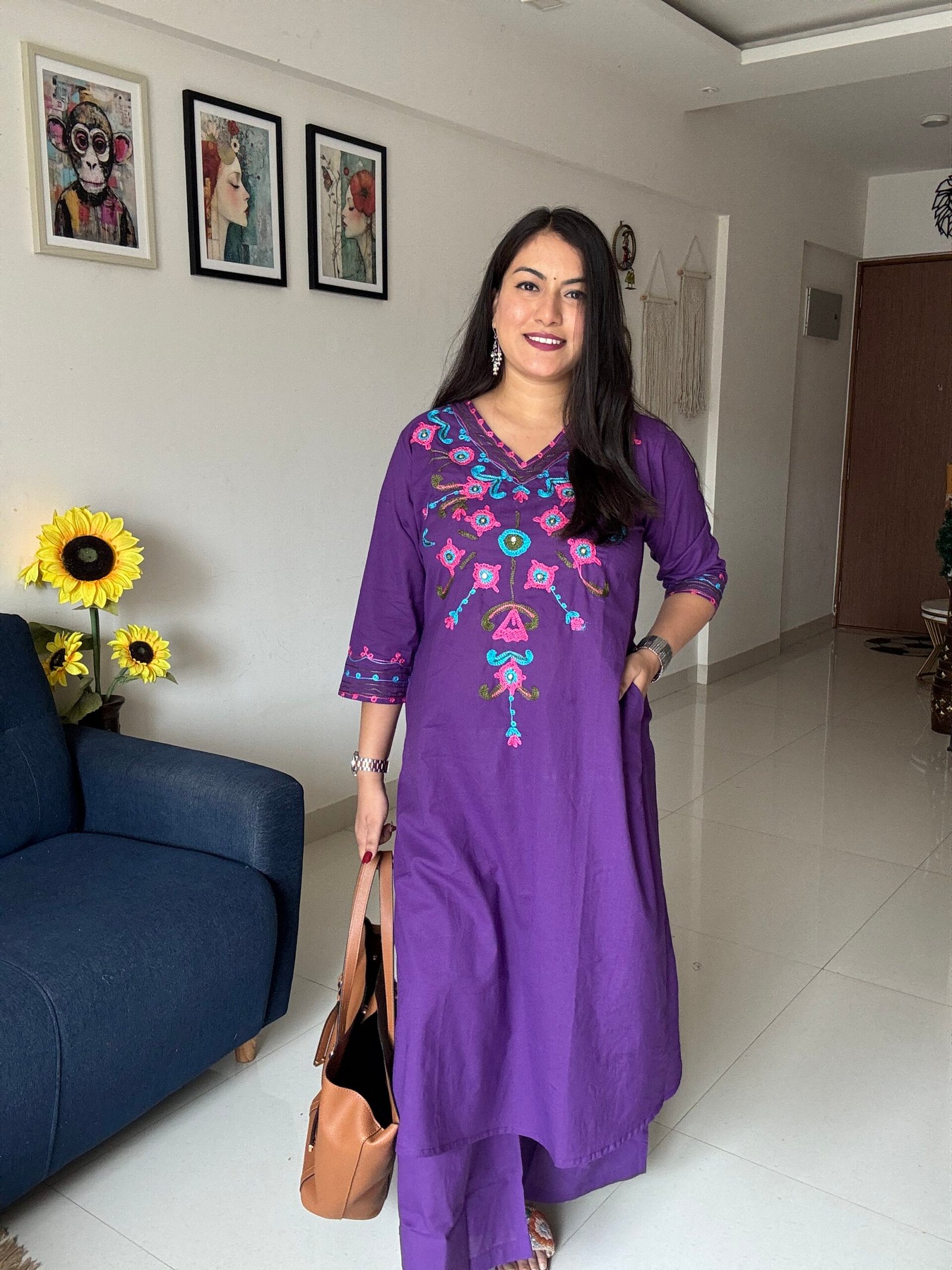 purple embroidered cotton kurta set purple embroidered cotton kurta set