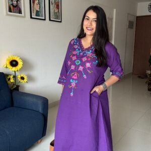 purple embroidered cotton kurta set