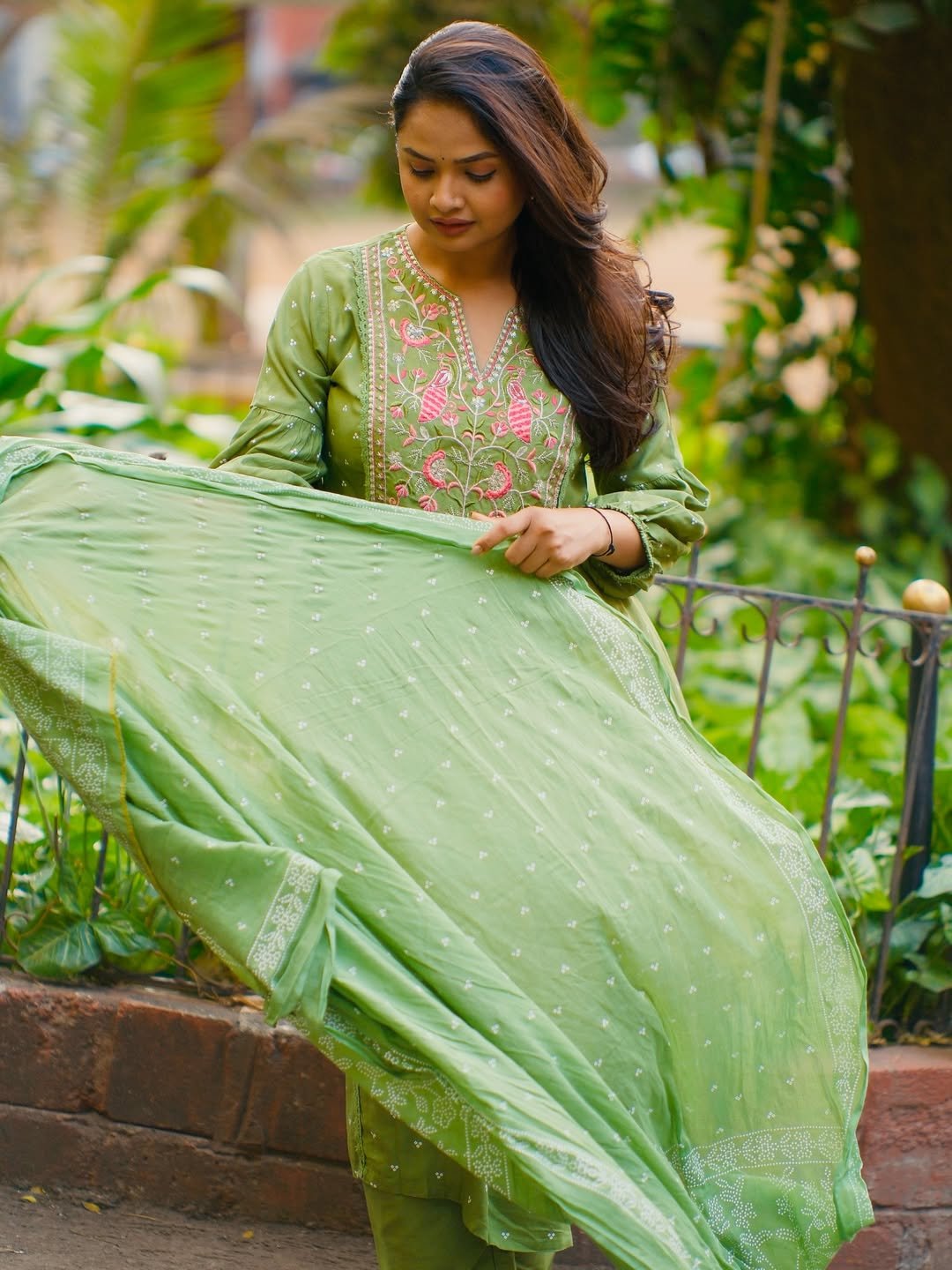 Olive green embroidered suit set worn by Apurva Gore Olive green embroidered suit set worn by Apurva Gore