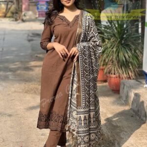 brown embroidered cotton suit set with printed dupatta 1