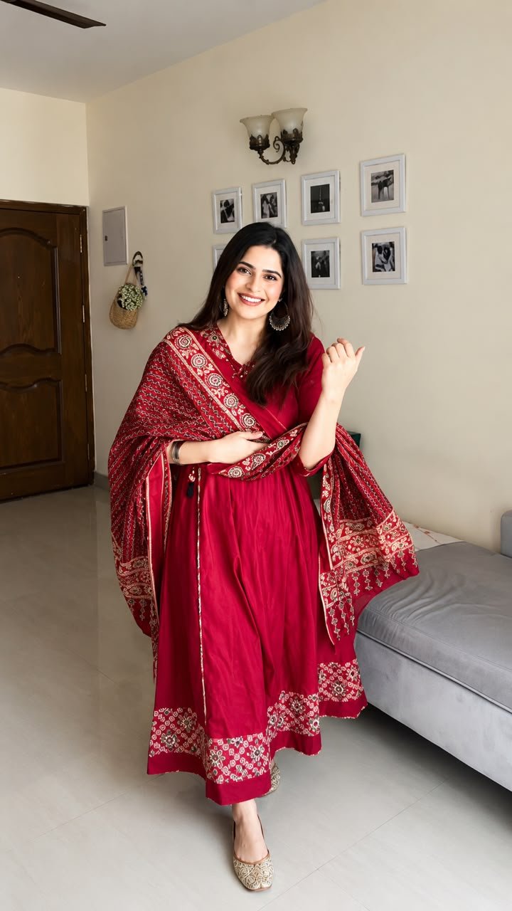 crimson red printed anarkali suit with dupatta crimson red printed anarkali suit with dupatta