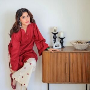 maroon cotton kurta with heart print palazzo set