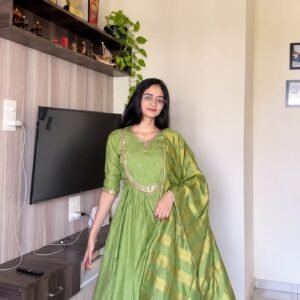 olive green anarkali suit with golden striped dupatta