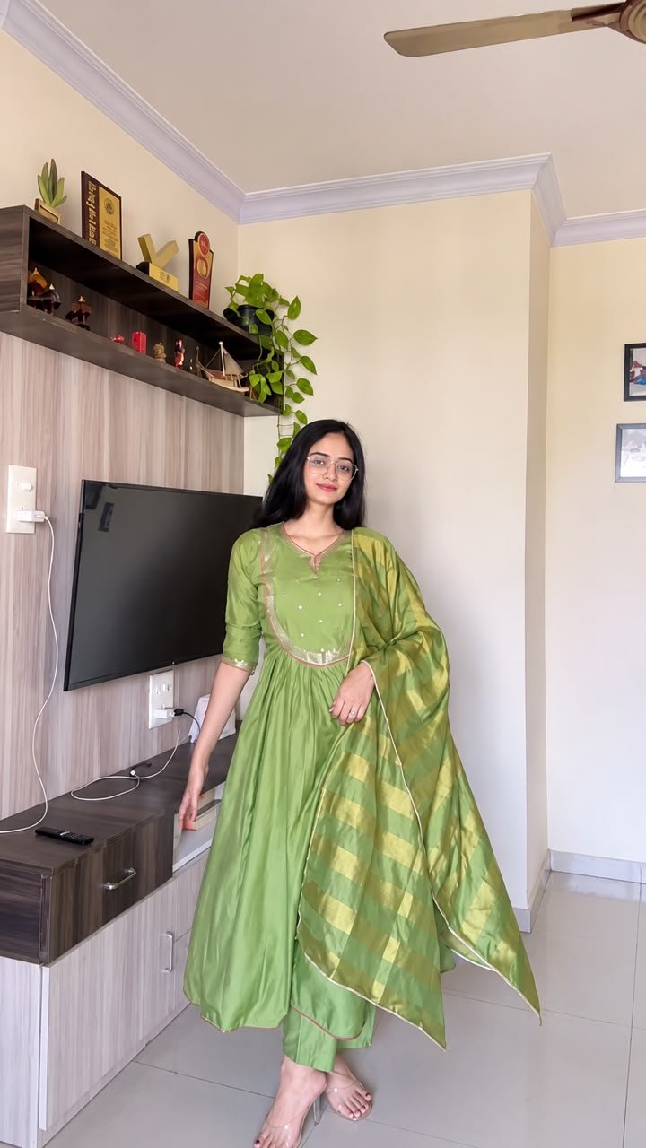 olive green anarkali suit with golden striped dupatta olive green anarkali suit with golden striped dupatta