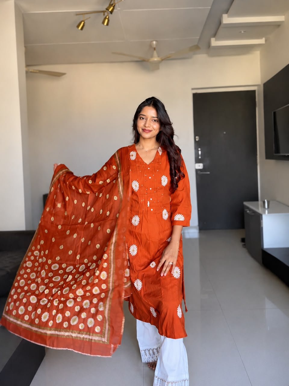 rust orange floral printed kurta set with dupatta rust orange floral printed kurta set with dupatta