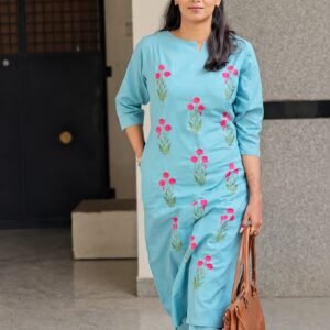 sky blue floral embroidered cotton kurta set